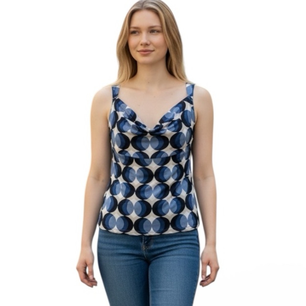 ANN TAYLOR TANK BLUE  WHITE BEIGE GEO PRINT OFFICE CHIC SUMMER TOP S